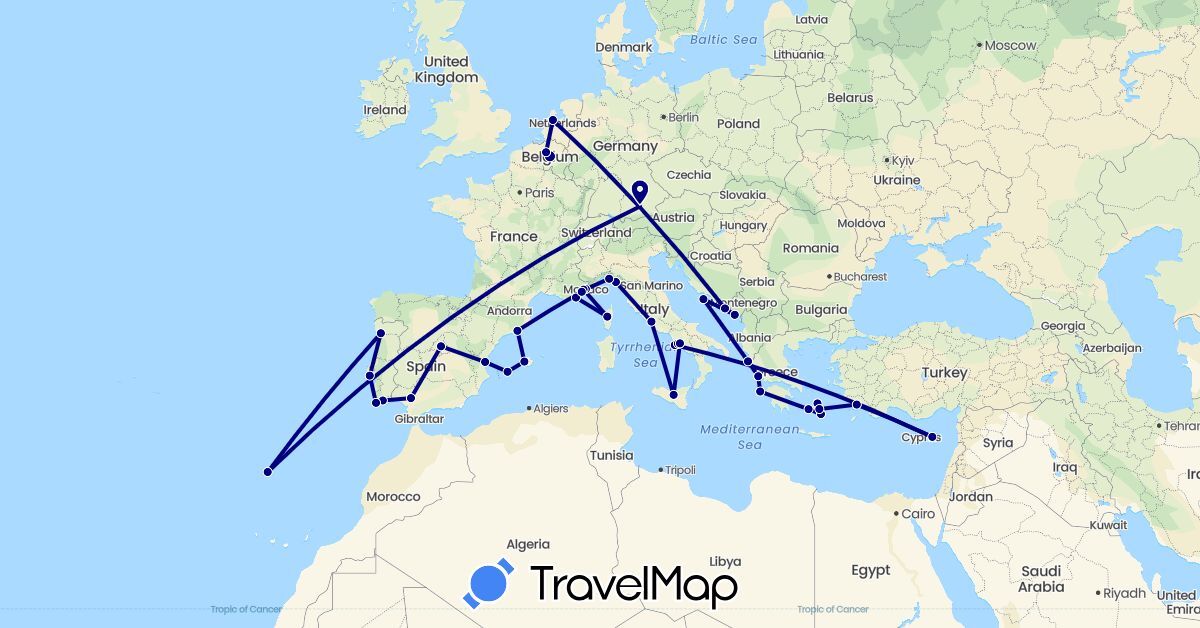 TravelMap itinerary: driving in Belgium, Cyprus, Germany, Denmark, Spain, France, Greece, Croatia, Italy, Monaco, Montenegro, Netherlands, Portugal, Turkey, Vatican City (Asia, Europe)